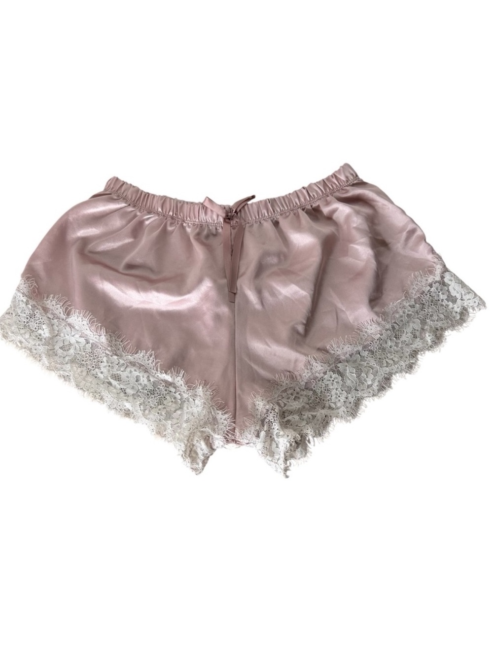 ZRAMIWO Blush Baby Pink Satin Lace Trim Sleep Shorts Drawstring Elastic Sz Large